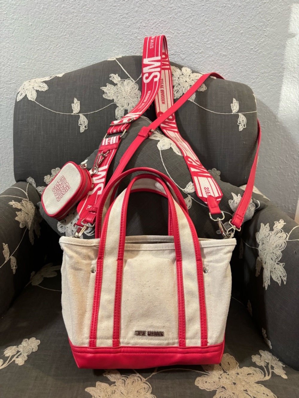 Steve Madden Cream & Pink Canvas Tote with Detachable Strap